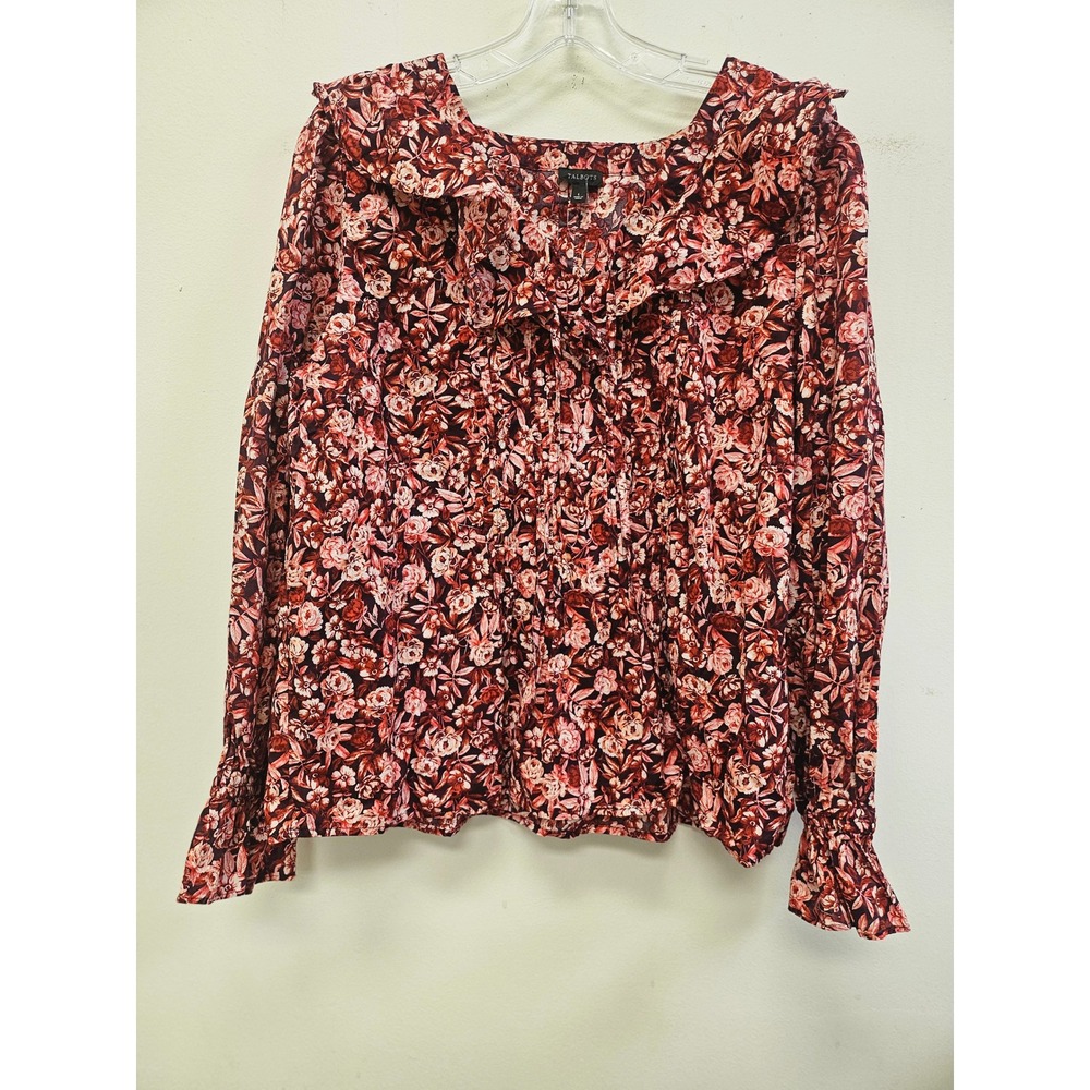 Talbots Womens Large Floral Ruffle Neck Pintuck Blouse Long Sleeve Smocked Cuff